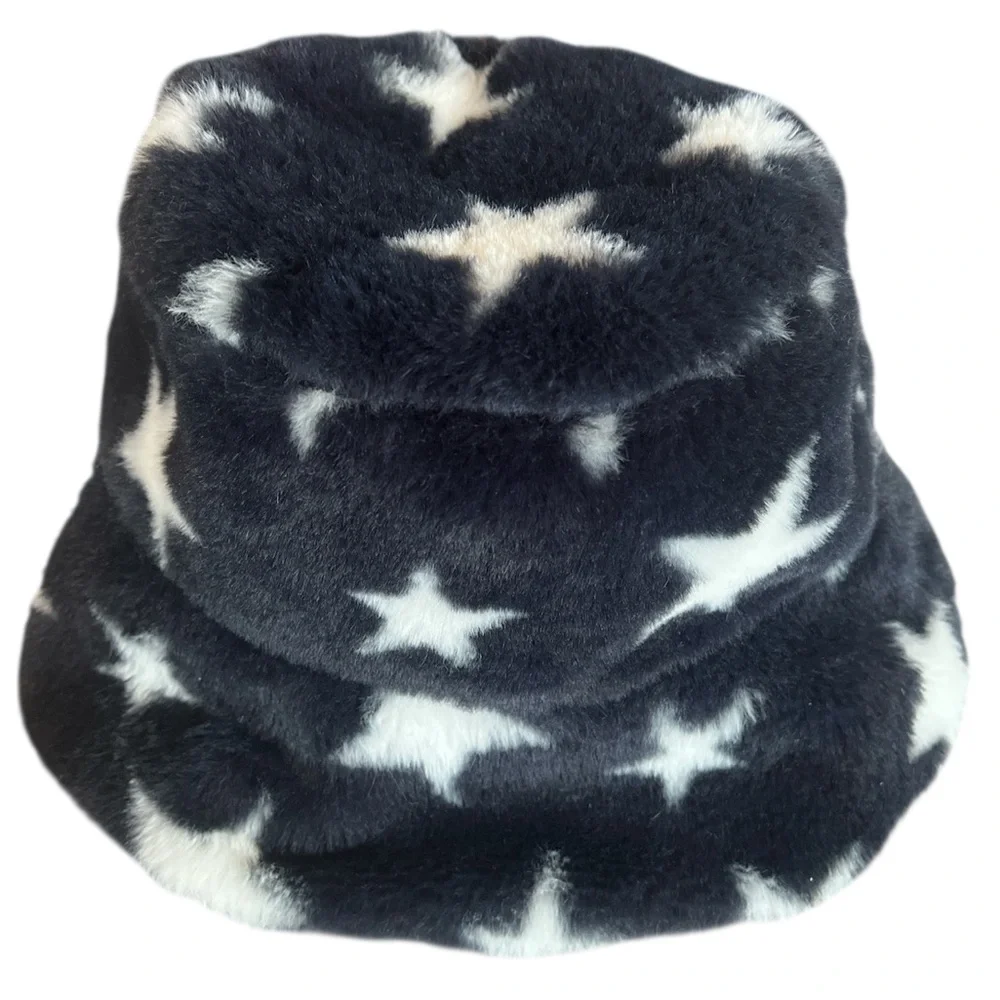 Navy Blue Faux Fur Bucket Hat With White Stars